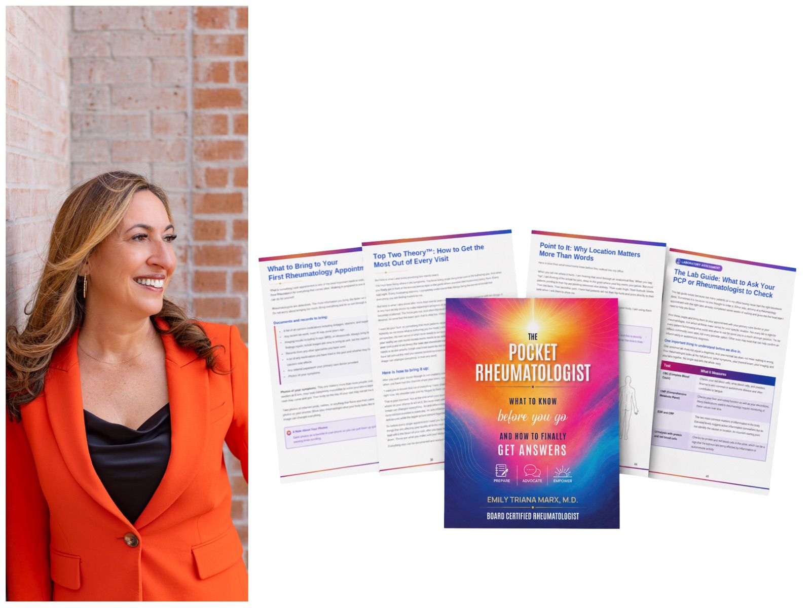 Dr. Emily Triana Marx with The Pocket Rheumatologist guide, cover and interior pages fanned out